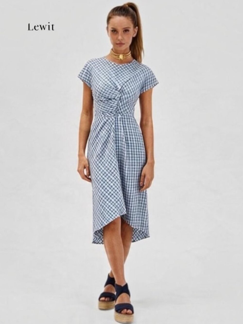 Lewit Ruched Plaid Midi Dress